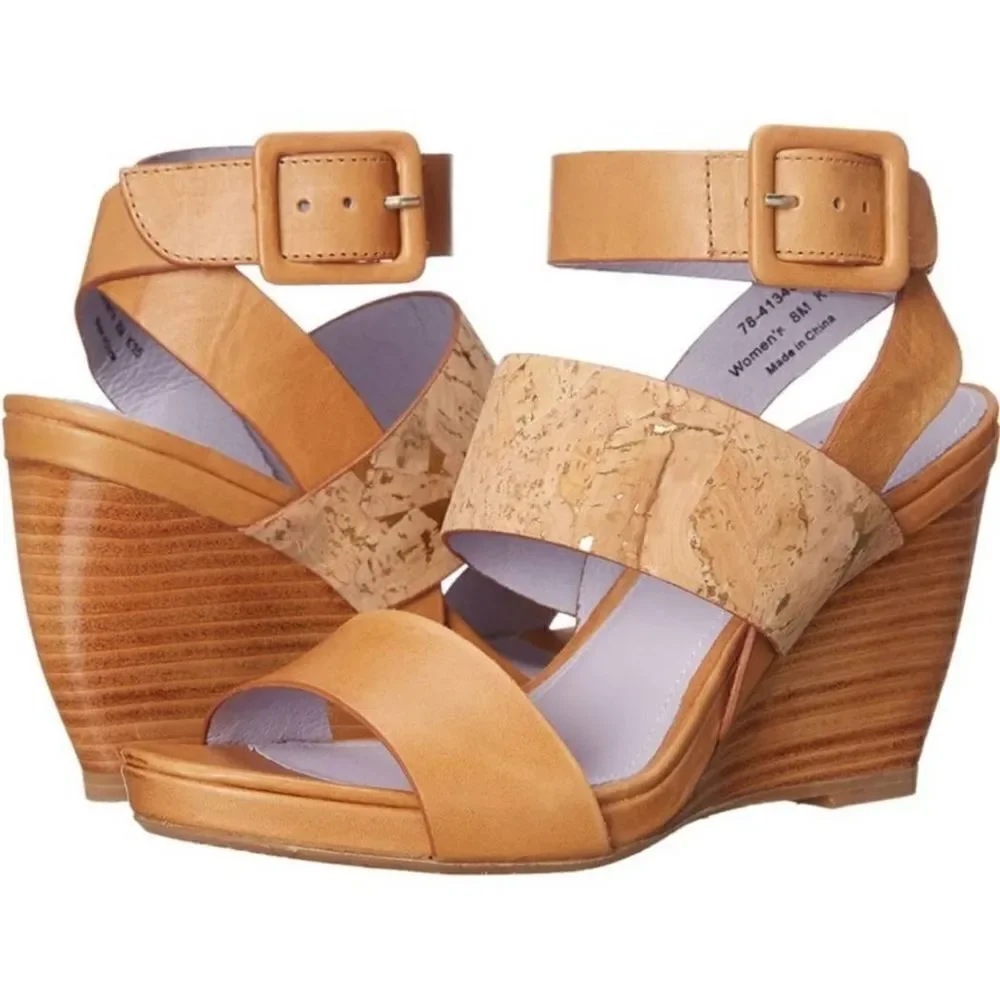 Tan Cork Wedge Sandals with Ankle Buckle